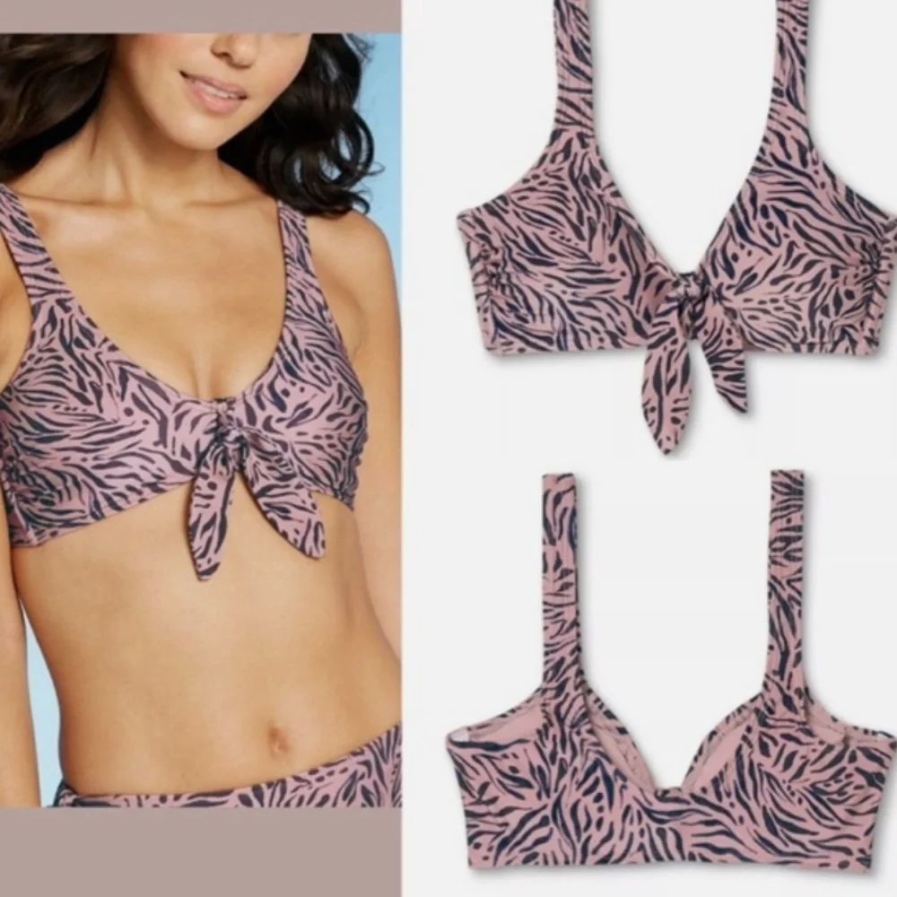 Xhiliration pink and black striped animal print bikini top